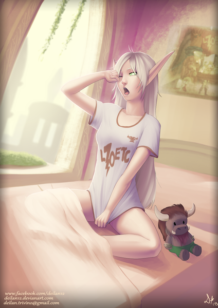 Anime picture 877x1240 with deilan12 (artist) single long hair tall image open mouth light erotic green eyes one eye closed pointy ears grey hair wink girl bed t-shirt