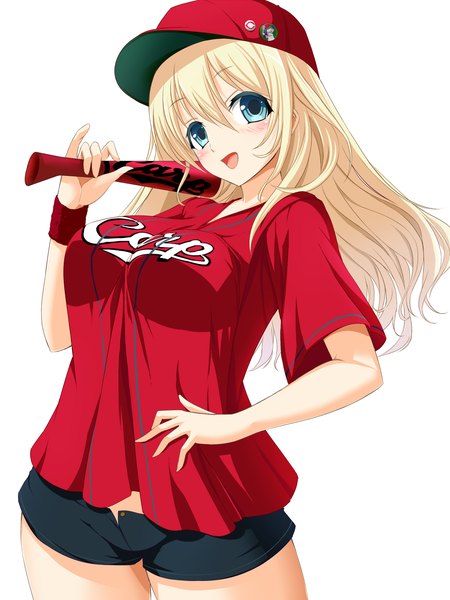 Anime picture 1200x1600 with original nippon professional baseball hiroshima touyou carp bug (artist) single long hair tall image looking at viewer blush open mouth blue eyes blonde hair white background clothes writing girl shorts t-shirt baseball cap