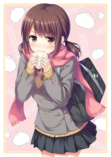 Anime picture 1064x1500 with original nakamura sumikage single long hair tall image looking at viewer blush fringe brown hair twintails brown eyes from above low twintails eating girl skirt food scarf bobby pin x hair ornament