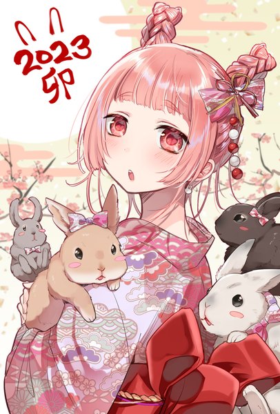 Anime picture 1014x1500 with amachin wa jishou amachin tyuraba single tall image looking at viewer short hair open mouth pink hair upper body traditional clothes japanese clothes pink eyes :o hair bun (hair buns) new year braided bun blush stickers 2023 girl