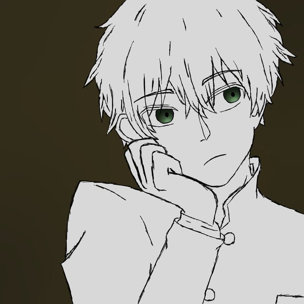 Anime picture 1600x1600 with hyouka kyoto animation oreki houtarou darksone single fringe short hair simple background hair between eyes green eyes looking away upper body monochrome head rest green background sketch spot color :c poorly drawn boy