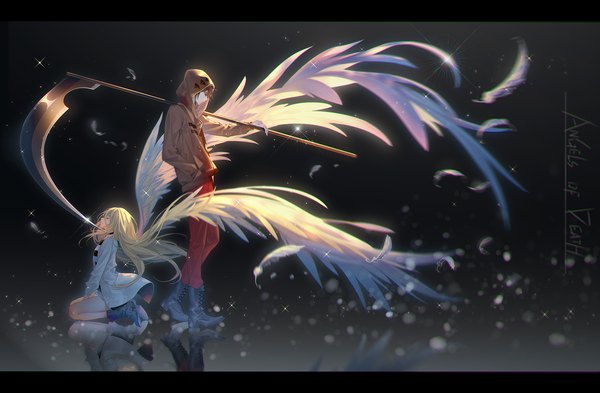 Anime picture 2000x1313 with satsuriku no tenshi ray (satsuriku no tenshi) zack (satsuriku no tenshi) tidsean long hair fringe highres simple background blonde hair brown hair standing full body eyes closed profile wind blurry inscription sparkle copyright name kneeling