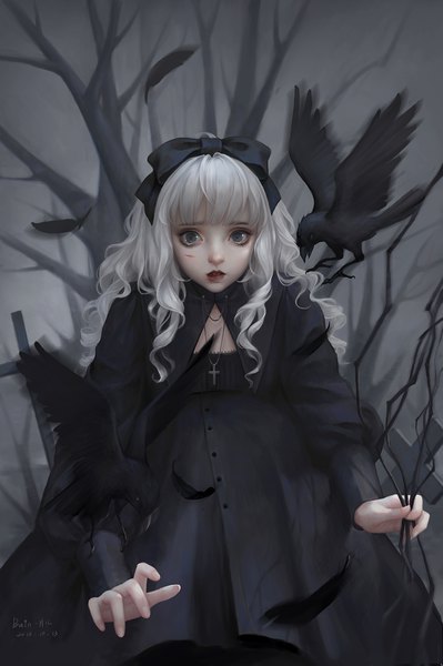 Anime picture 1500x2255 with original pian pian single long hair tall image looking at viewer fringe holding signed white hair blunt bangs long sleeves parted lips lips blurry teeth grey eyes lipstick dated wavy hair