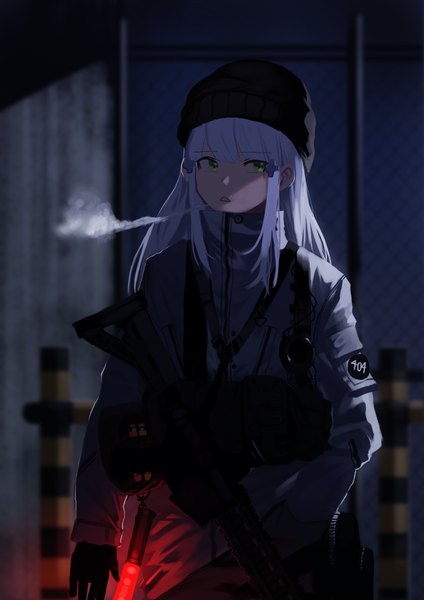 Anime picture 2480x3508 with girls frontline hk416 (girls frontline) ihobus single long hair tall image fringe highres hair between eyes standing green eyes payot looking away silver hair outdoors blunt bangs night facial mark smoke girl