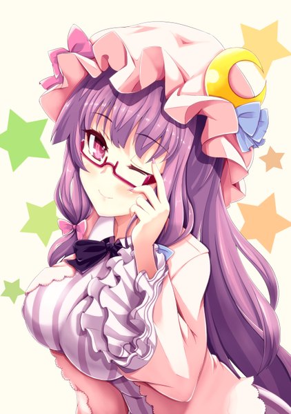 Anime picture 2079x2953 with touhou patchouli knowledge nekur long hair tall image highres purple eyes purple hair one eye closed wink girl dress glasses star (symbol) bonnet moon (symbol)