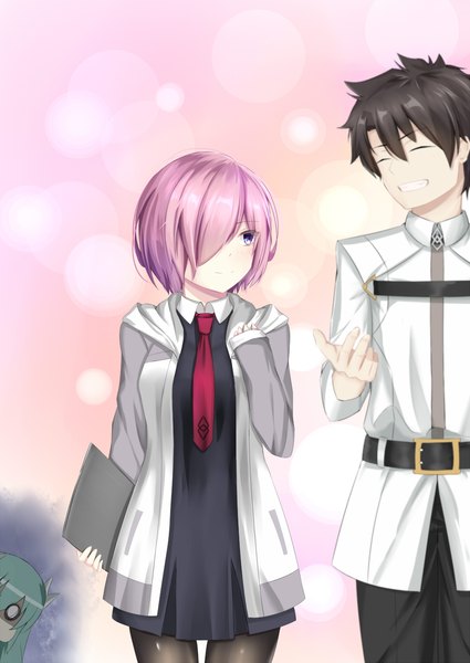 Anime picture 1000x1411 with fate (series) fate/grand order mash kyrielight fujimaru ritsuka (male) kiyohime (fate) eternity (shadeh) tall image fringe short hair black hair simple background smile hair between eyes purple eyes multiple girls holding looking away pink hair eyes closed long sleeves