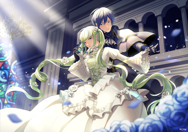 Anime picture 1414x1000 with vocaloid cantarella (vocaloid) hatsune miku kaito (vocaloid) nokuhashi fringe short hair hair between eyes twintails green eyes blue hair looking away blunt bangs very long hair green hair sunlight drill hair expressionless dancing girl