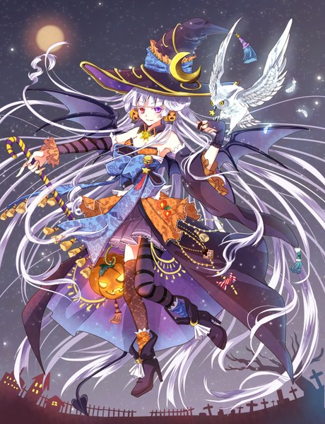Anime picture 2460x3209 with original nekozuki yuki single long hair tall image looking at viewer highres white hair halloween witch girl dress detached sleeves animal wings boots bird (birds) witch hat cane owl