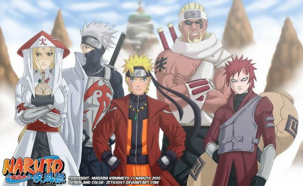 Аниме картинка 1024x630 с наруто studio pierrot naruto (series) удзумаки наруто хатаке какаши гаара tsunade killer bee zeth3047 смотрит на зрителя короткие волосы грудь голубые глаза светлые волосы улыбка широкое изображение большая грудь стоя карие глаза зелёные глаза