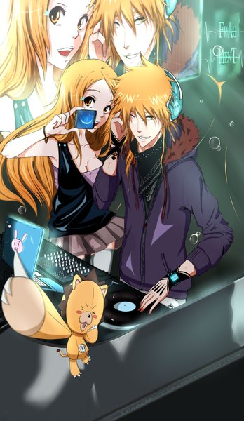 Anime picture 928x1600 with bleach studio pierrot kurosaki ichigo inoue orihime kon ifragmentix long hair tall image blush short hair open mouth smile one eye closed wink orange hair orange eyes tattoo coloring dj girl