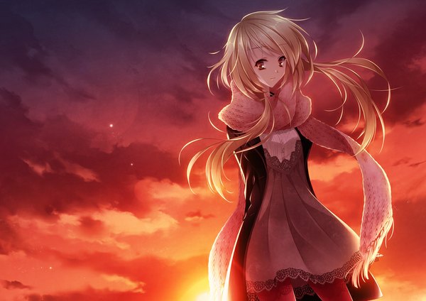 Anime picture 877x620 with original drugstore04 single long hair blonde hair brown eyes sky cloud (clouds) evening sunset girl dress scarf