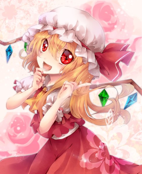 Anime picture 1000x1229 with touhou flandre scarlet sakura ran single tall image short hair open mouth blonde hair red eyes teeth fang (fangs) girl dress skirt wings bonnet skirt set crystal