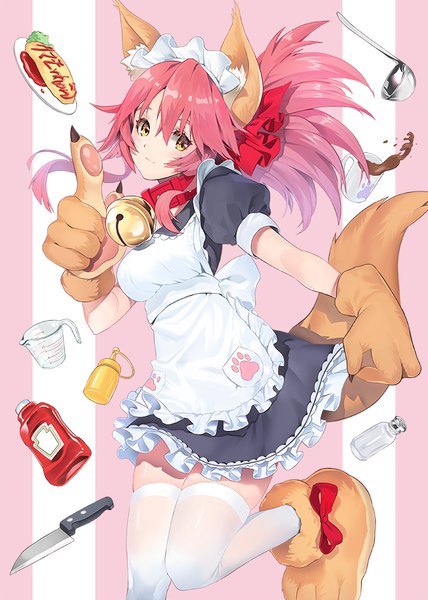 Anime picture 714x1000 with fate (series) fate/grand order fate/extra tamamo (fate) (all) tamamo cat (fate) damda single long hair tall image looking at viewer blush fringe hair between eyes standing animal ears yellow eyes payot pink hair ponytail tail