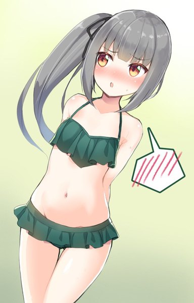 Anime picture 579x903 with kantai collection kasumi destroyer minamura haruki single long hair tall image blush fringe breasts open mouth light erotic simple background standing bare shoulders yellow eyes payot looking away blunt bangs grey hair bare belly