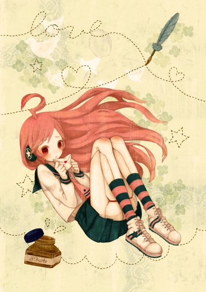 Anime picture 1000x1414 with vocaloid miki (vocaloid) mizutamako single long hair tall image looking at viewer blush red eyes ahoge red hair inscription heart of string girl socks serafuku shoes heart headphones star (symbol)