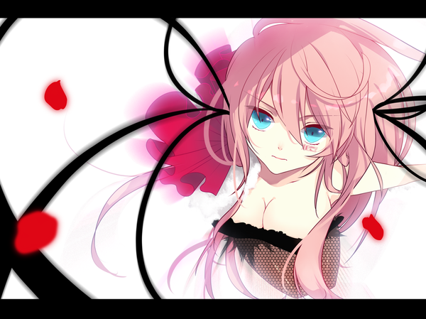 Anime picture 1123x841 with vocaloid megurine luka long hair blue eyes light erotic pink hair cleavage girl petals