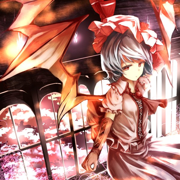 Anime picture 1200x1200 with touhou remilia scarlet buruxugi single short hair red eyes cloud (clouds) grey hair girl dress gloves wings elbow gloves window bonnet neckerchief