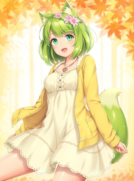 Anime picture 910x1220 with original sasaame single tall image looking at viewer blush fringe short hair breasts open mouth smile standing green eyes animal ears tail :d animal tail green hair open clothes fox ears