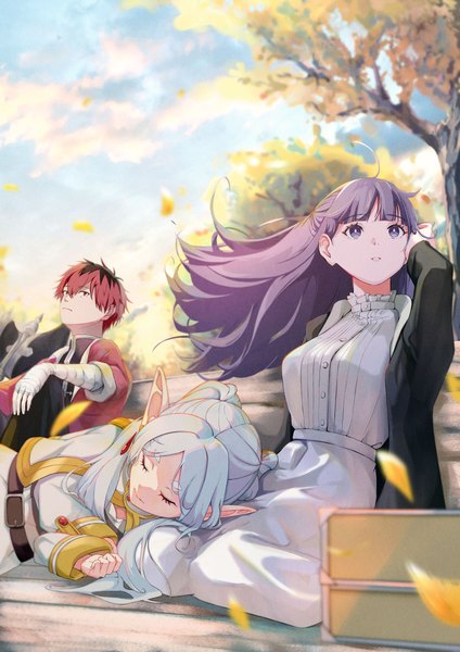 Anime picture 3508x4961 with sousou no frieren frieren fern (sousou no frieren) stark (sousou no frieren) peropicnic long hair tall image fringe highres short hair hair between eyes sitting purple eyes twintails multiple girls absurdres sky silver hair purple hair cloud (clouds)