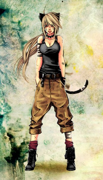 Anime picture 800x1390 with original yanniplum rashahj single long hair tall image highres breasts blonde hair red eyes large breasts standing bare shoulders animal ears ponytail tail animal tail light smile cat ears cat tail