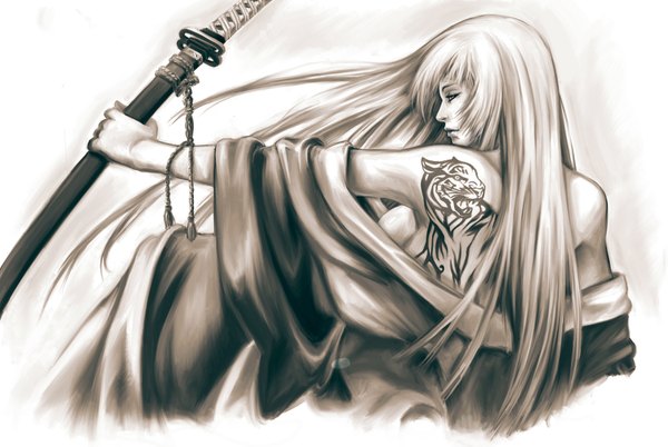 Anime picture 2000x1343 with ikkitousen chouun shiryuu romaniacc single long hair highres light erotic looking away traditional clothes japanese clothes profile realistic tattoo sideboob monochrome bare back hime cut girl weapon animal