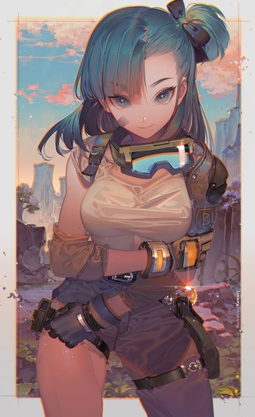 Anime picture 638x1041 with dragon ball bulma kawacy single long hair tall image looking at viewer fringe smile signed sky aqua eyes aqua hair sparkle twitter username one side up border holding arm smirk bandaid on face