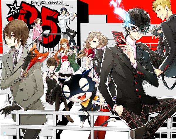 Anime picture 3689x2913 with persona 5 persona amamiya ren takamaki anne sakura futaba niijima makoto morgana (persona 5) akechi gorou okumura haru kitagawa yuusuke sakamoto ryuuji yuu (isis7796) long hair highres short hair black hair blonde hair brown hair sitting twintails