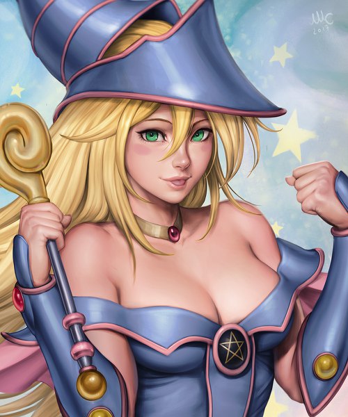 Anime picture 1000x1200 with yu-gi-oh! dark magician girl sciamano240 single long hair tall image looking at viewer blush fringe breasts open mouth light erotic blonde hair smile hair between eyes holding green eyes signed cleavage upper body