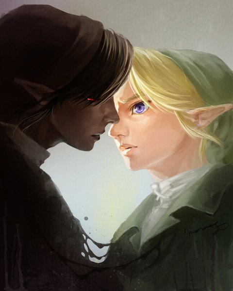 Anime picture 1654x2067 with the legend of zelda the legend of zelda: ocarina of time link dark link momo yoshi tall image fringe simple background blonde hair red eyes brown hair purple eyes profile pointy ears hair over one eye multiple boys dark skin face to face shounen ai boy