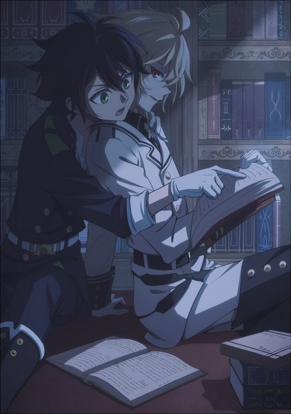 Anime picture 844x1200 with owari no seraph wit studio hyakuya yuuichirou hyakuya mikaela fcc tall image looking at viewer fringe short hair open mouth black hair blonde hair hair between eyes red eyes sitting holding green eyes looking away ahoge indoors