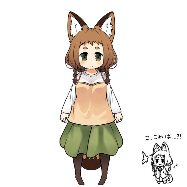 Anime picture 3000x3000 with original poko (yutturi) yutturi single looking at viewer highres breasts simple background smile brown hair standing white background green eyes animal ears full body tail braid (braids) long sleeves animal tail no shoes