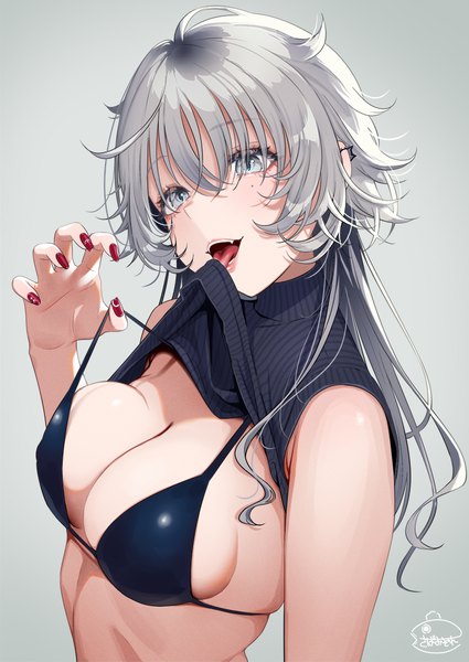 Anime-Bild 800x1130 mit original tsukana (saba mizore) single long hair tall image looking at viewer fringe breasts open mouth light erotic simple background hair between eyes large breasts holding silver hair upper body nail polish head tilt arm up fingernails