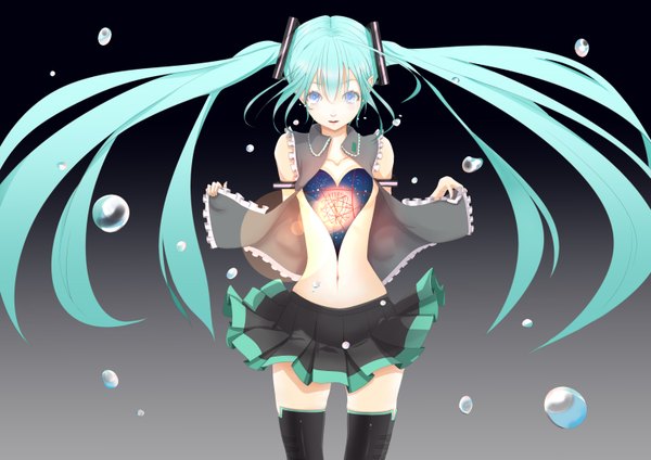 イラスト 3035x2149 と ボーカロイド 初音ミク こやや ソロ 長髪 highres 青い目 light erotic ツインテール absurdres aqua hair open clothes open shirt 女の子 へそ 水 ハート