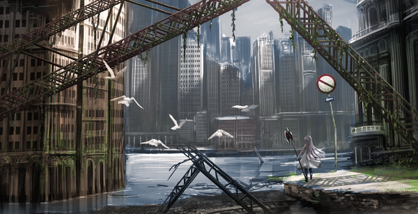 Anime picture 1951x1000 with original haru (ryosios) ryosios single long hair highres wide image silver hair full body outdoors from behind city cityscape scenic river ruins girl dress weapon animal