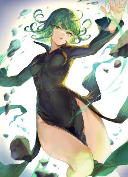 Anime picture 1547x2147 with one-punch man madhouse tatsumaki mashuu (neko no oyashiro) single tall image looking at viewer blush fringe short hair breasts open mouth light erotic simple background green eyes long sleeves green hair from below no panties magic