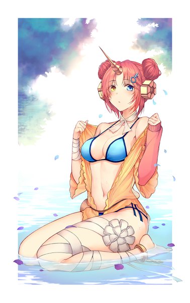 Anime picture 1800x2853 with fate (series) fate/grand order fate/apocrypha frankenstein's monster (fate) frankenstein's monster (swimsuit saber) (fate) kimsw0522 single tall image looking at viewer blush fringe highres short hair breasts blue eyes light erotic sitting yellow eyes pink hair sky