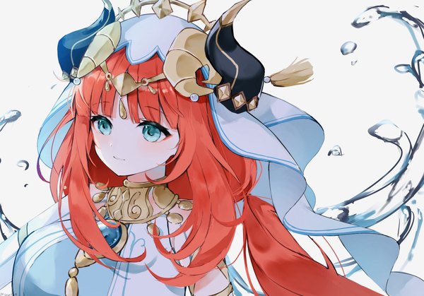 Anime picture 1710x1195 with genshin impact nilou (genshin impact) nirako mona single long hair fringe highres simple background white background twintails upper body red hair blunt bangs horn (horns) aqua eyes light smile low twintails girl water veil