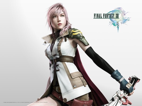 Anime picture 1600x1200 with final fantasy final fantasy xiii square enix lightning farron single fringe short hair simple background hair between eyes standing white background holding looking away pink hair parted lips lips realistic grey eyes copyright name girl