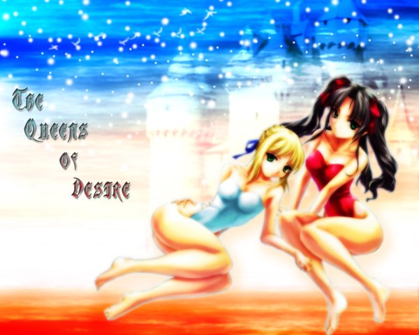 Anime picture 1280x1024 with fate (series) fate/stay night studio deen type-moon artoria pendragon (all) saber toosaka rin light erotic swimsuit