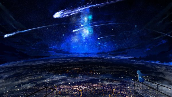 Anime picture 1920x1080 with original y y (ysk ygc) single long hair highres wide image blue hair sky cloud (clouds) from above night city horizon cityscape landscape city lights meteor rain girl building (buildings) star (stars)