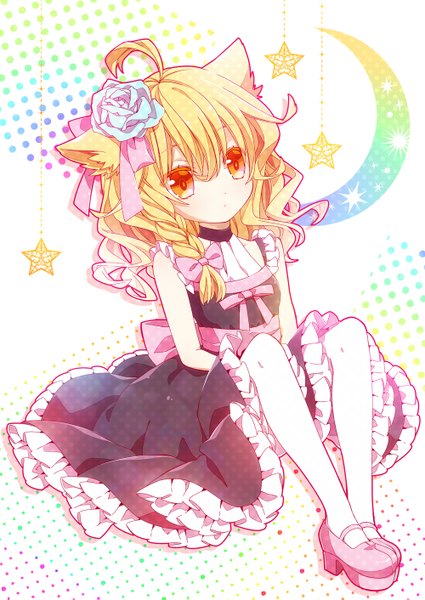 Anime picture 1000x1411 with touhou kirisame marisa moru single long hair tall image blonde hair sitting animal ears yellow eyes looking away ahoge braid (braids) hair flower cat ears single braid crescent girl hair ornament flower (flowers)