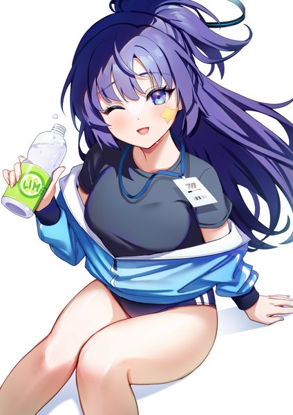 Anime picture 1158x1637 with blue archive yuuka (blue archive) yuuka (gym uniform) (blue archive) 8n0 g single long hair tall image looking at viewer blush open mouth blue eyes light erotic simple background white background sitting purple hair ponytail from above arm support official alternate costume