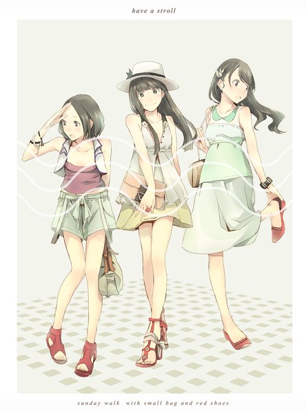 Anime picture 1111x1500 with perfume (group) ayano omoto (nocchi) yuka kashino (kashiyuka) ayaka ishiwaki (a-chan) yoshito (u10) long hair tall image looking at viewer blush short hair open mouth smile standing bare shoulders multiple girls holding inscription border dark hair girl