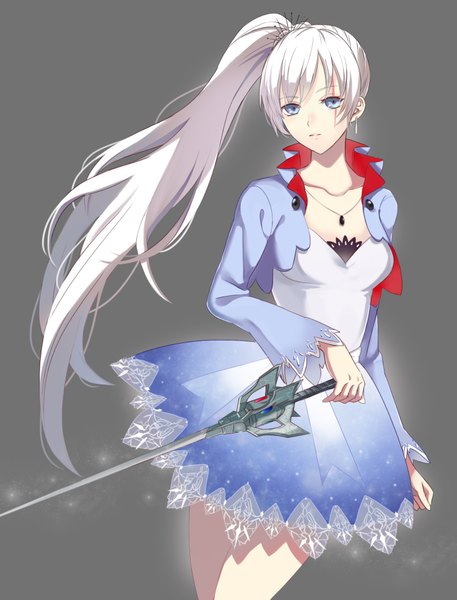Anime picture 1476x1937 with rwby rooster teeth weiss schnee kesuke single long hair tall image looking at viewer fringe breasts standing holding white hair ponytail aqua eyes wide sleeves scar girl dress hair ornament