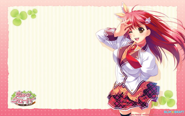 Anime picture 1920x1200 with koi mekuri clover kohinata yuuka single long hair highres open mouth wide image yellow eyes red hair one eye closed wink girl skirt uniform hair ornament school uniform miniskirt