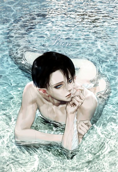 Anime picture 900x1308 with shingeki no kyojin production i.g levi (rivaille) par single tall image fringe short hair light erotic black hair hair between eyes looking away lying parted lips fingernails pointy ears inscription wet grey eyes topless