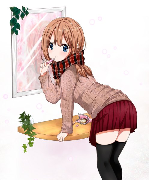 Anime picture 1000x1208 with original ragho no erika single long hair tall image blush blue eyes brown hair bent over girl thighhighs skirt black thighhighs scarf sweater mirror lipstick tube