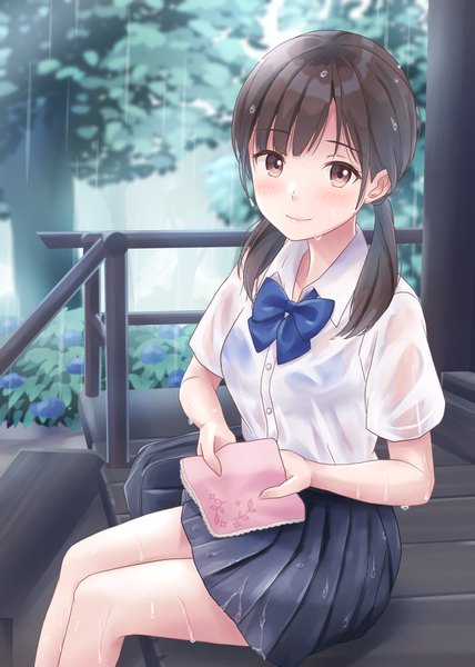 Anime picture 1200x1683 with original yukimaru217 single long hair tall image looking at viewer blush fringe light erotic smile brown hair sitting twintails holding brown eyes payot outdoors blunt bangs pleated skirt wet