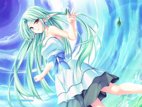 Anime picture 1920x1440 with magus tale whirlpool (studio) cecile absentia tenmaso single long hair looking at viewer blush highres open mouth red eyes bare shoulders game cg sky cloud (clouds) green hair pointy ears girl dress bow