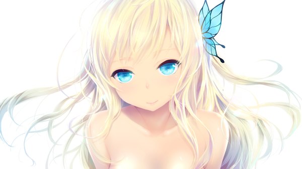Anime picture 1280x720 with boku wa tomodachi ga sukunai kashiwazaki sena cait single long hair looking at viewer blush fringe blue eyes blonde hair simple background smile wide image white background bare shoulders upper body girl hair ornament insect butterfly